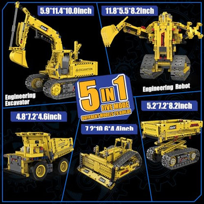 5-in-1 RC Excavator Building Kit for Kids 6+ | STEM Toys|555pcs App/Remote Controlled Excavator Kit | for Boys & Girls Ages 6+ | Rechargeable l Coding Robot Toy - style: K96173