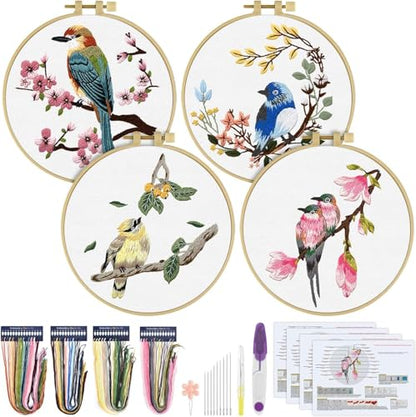 ERKOON 4 Sets Embroidery Kit for Beginners,Hummingbird and Flower Cross Stitch Set for Include Embroidery Cloth Hoops Threads for Craft Lover Hand Stitch (Flowers and Birds) - color: Flowers and Birds