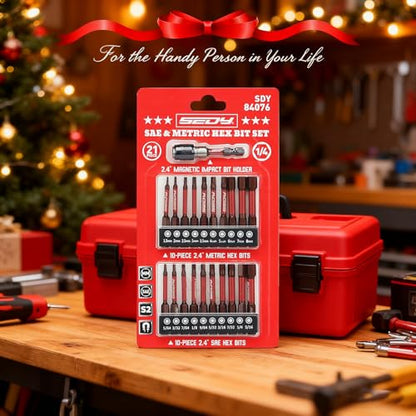 21-Piece 2.5" Hex Head Allen Wrench Drill Bit Set, 1/4" Hex Screwdriver Bits Set with Durable Magnetic Impact Bit Holder, SAE & Metric Allen Key, S2 Steel, Mechanic Home Repair
