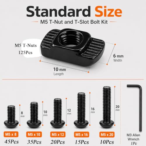 252PCS M5 T Nuts and T-Slot Bolts Extrusion Accessories Kitwith M5(8-20mm) Hexagon Socket Screws, T Nut and AllenWrench Compatible with 2020 Series Aluminum Extrusion