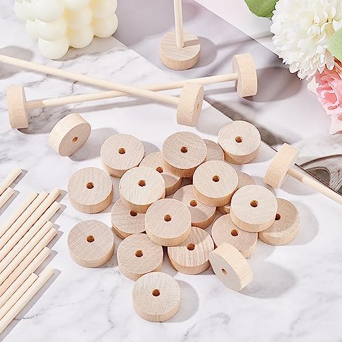 OLYCRAFT 30Pcs Wooden Craft Wheels 1.1x0.4 Inch With 15Pcs 5.9 Inch Sticks - Small Flat Wood Wheels for DIY Model Cars and Crafts Supplies - size: 1.1 inch x 0.4 inch