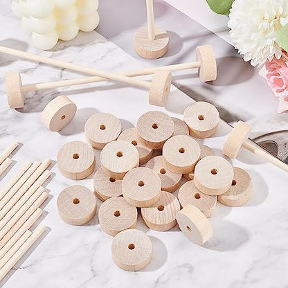 OLYCRAFT 30Pcs Wooden Craft Wheels 1.1x0.4 Inch With 15Pcs 5.9 Inch Sticks - Small Flat Wood Wheels for DIY Model Cars and Crafts Supplies - size: 1.1 inch x 0.4 inch