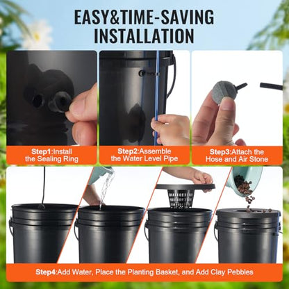VEVOR DWC Hydroponic System, 5 Gallon 8 Buckets, Deep Water Culture Growing Bucket, Hydroponics Grow Kit with Pump, Air Stone and Water Level Device, for Indoor/Outdoor Leafy Vegetables - style: 8 Buckets