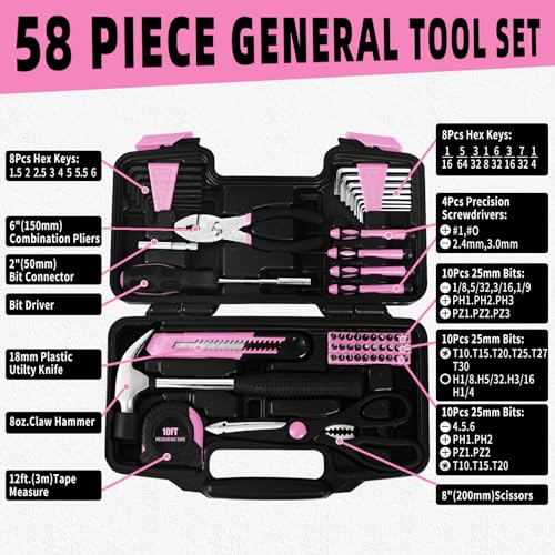 58-Piece Household Tool Set for Women with Plastic Toolbox, Pink - color: Pink, size: 58-Piece