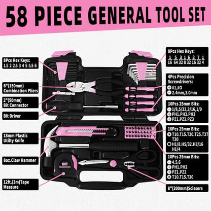 58-Piece Household Tool Set for Women with Plastic Toolbox, Pink - color: Pink, size: 58-Piece