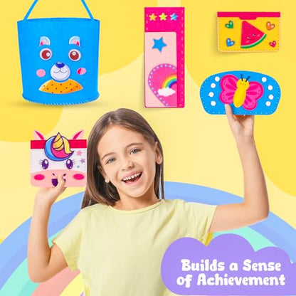 MGparty My First Kids Sewing Kit, DIY Arts & Crafts Set with 7 Felt Bag Projects, Beginner Sewing Activities for Kids Ages 5+, Creative Learning Craft Kit, Birthday Gifts for Boys & Girls