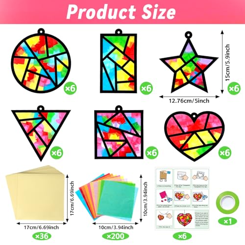 Qyeahkj 36 Set Geometric Shapes Suncatcher Crafts for DIY Star Window Tissue Paper Craft Kit Triangle Heart Hanging Decor for Summer Home Activity Art Project Birthday Party Favor Gift - style: Geometric Shapes