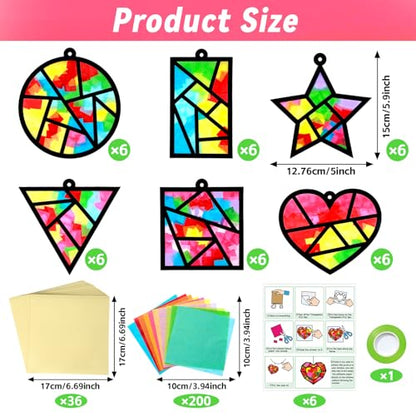 Qyeahkj 36 Set Geometric Shapes Suncatcher Crafts for DIY Star Window Tissue Paper Craft Kit Triangle Heart Hanging Decor for Summer Home Activity Art Project Birthday Party Favor Gift - style: Geometric Shapes