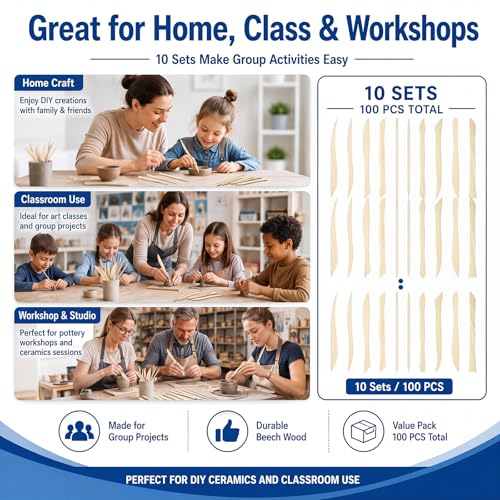 Ferrochef 10 Set 100 Pcs Clay Tools, Beech Sculpting Tools, Classic Style - color: Classic Style, size: Beech