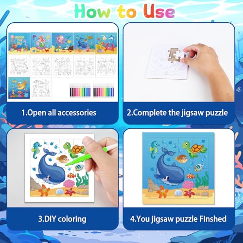Fennoral 24 Pack DIY Coloring 0cean Animal Jigsaw Puzzle Craft Kit for Kids - color: Under The Sea