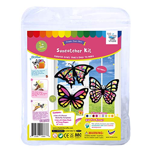 VHALE Suncatchers Craft 3 Sets (9 Cutouts) w Tissue Papers Stained Glass Effect Paper Sun Catcher Kit, Window Art, Classroom Crafts, Creative Art Projects, Kids Party Favors (Butterfly) - style: Butterfly