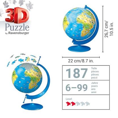 Ravensburger Children's World Globe 180 Piece 3D Jigsaw Puzzle | Easy Click Technology | Displayable Art | Perfect for Kids and Adults | 10.5 in Diameter