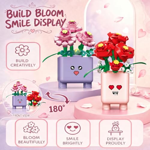 Botanicals Happy Plants Building Sets | 2 Cute Happy Plants Flowers Set, Succulents Botanical Collection for Home Office Décor, Gift for Women Wife Mom(244Pcs) - style: Purple and Pink