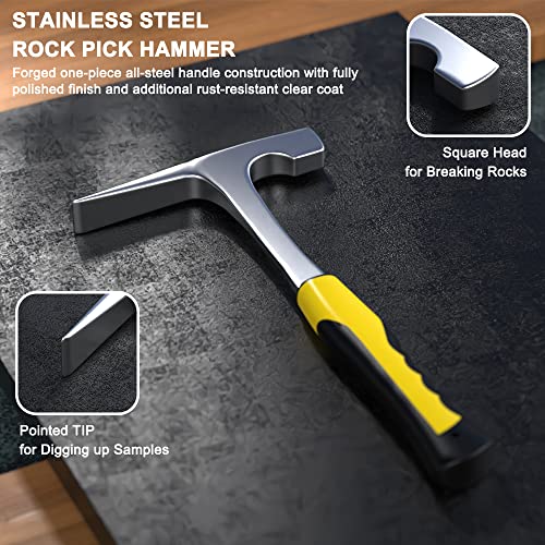 10PCS Geology Rock Pick Hammer Kit, Geology Hammer Tools,32oz Hammer & 3 PCS Digging Chisels Set for Rock Hounding, with Musette Bag, jewelers loupe,Safety Goggles,3Brushes.