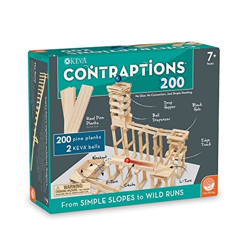 MindWare KEVA Contraptions, Wooden Blocks Building Set, Marble Run Kit, Includes 2 Balls - 200 Planks