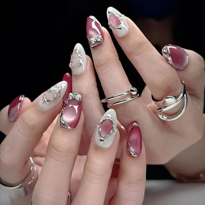 Almond Press on Nails Short Pink Fake Nail Silver Embossed Acrylic Nail Press ons with Rhinestones Stick on Nail for Women 24pcs - color: Color37