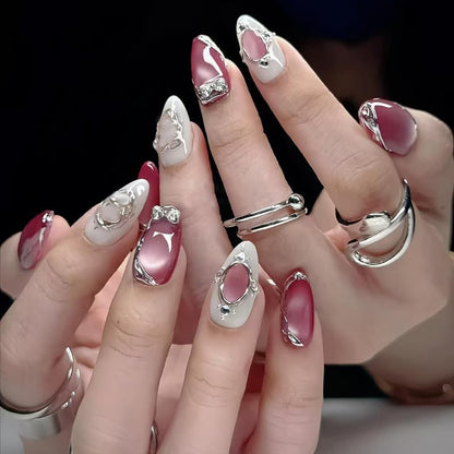Almond Press on Nails Short Pink Fake Nail Silver Embossed Acrylic Nail Press ons with Rhinestones Stick on Nail for Women 24pcs - color: Color37