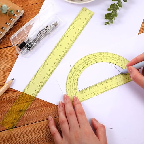 Zonon 3 Pcs 12" Clear Plastic Ruler 6 Inch Protractor Compass Set, Yellow - color: Yellow, size: 12 Inch