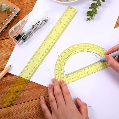 Zonon 3 Pcs 12" Clear Plastic Ruler 6 Inch Protractor Compass Set, Yellow - color: Yellow, size: 12 Inch