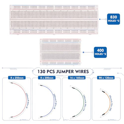 134Pcs Breadboard Kit Solderless 830 * 2 & 400 * 2 Tie Points Boards