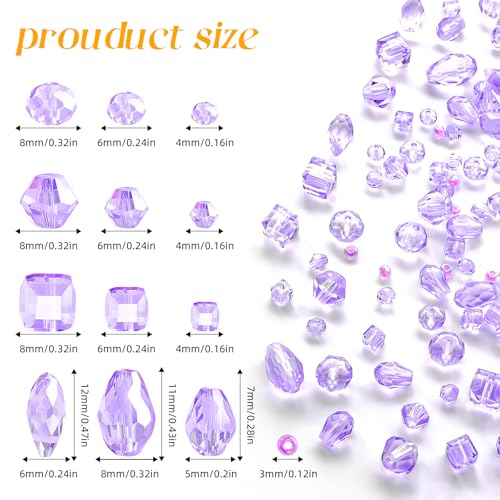 1500 Pcs Crystal Glass Beads for Jewelry Making – 12 Styles Bicone, Rondelle, Cube, Teardrop & 3mm Spacer Beads, DIY Bracelet Necklace Earring Craft Kit with Organizer Box(Light Purple) - color: Light Purple