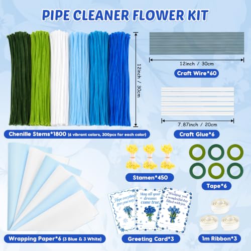 Anyeve Pipe Cleaners Flower Kit, 1800 PCS Pipe Cleaners Craft for 6 Color, Easy to Bend and Fold, with a High Plush Density, Has Hot Melt Glue,Sturdy and Durable, for DIY Crafts and Bouquet Making - color: 1800PCS-Blue