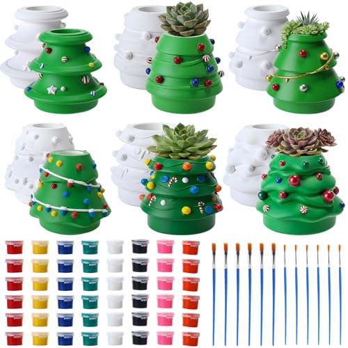 Vesici 6 Sets Christmas Paint Your Own Succulent Planter Ceramic Mini Unpainted Flower Pots Xmas Trees DIY Paintable Bisque Gift for Winter Holiday Craft Project Activity Party Favor