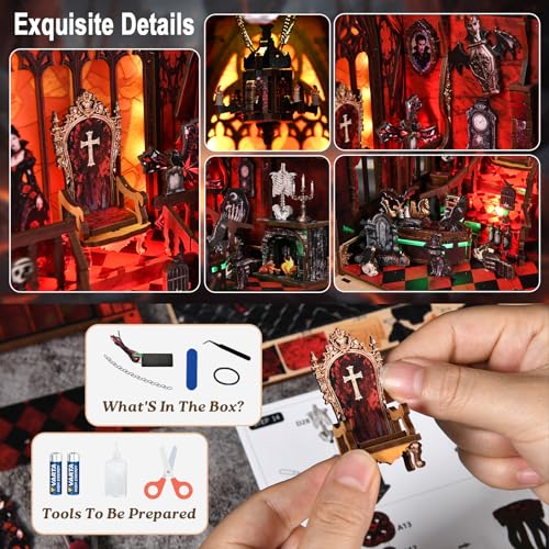 ACOCO Book Nook Kit with LED Light – DIY 3D Wooden Puzzle Miniature Dollhouse Kit, Gothic Book Nook, Bookshelf Decor Craft Gift for Adults, Teens & Book Lovers