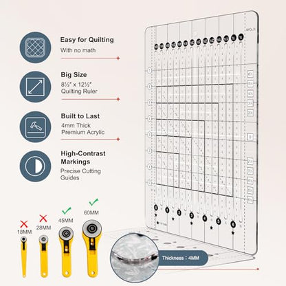5-in-1 Quilting Ruler- 8.5" x 12.5" Slotted Quilting Ruler, 4mm Acrylic Non-Slip Strip Ruler, 1½" ¼" ⅛" Cuts for Fabric Precise Cutting, Sewing Quilt Strip Rulers Ideal for Beginners & Quilters - size: 8-1/2in x 12-1/2in