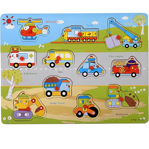 Vehicles Puzzle for Toddlers 3+ Years, Educational Wooden Vehicle Shape Learning Toy with Board & Blocks, Fun Preschool Motor Skills Activity for Boys and Girls - style: Vehicles Puzzle