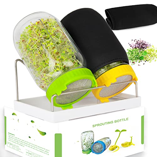 Kitmiido Seed Sprouting Kit, 2 Large Wide Mouth Mason Jars with Sprout Lids, Blackout Sleeves, Drain Tray, Stainless Steel Stand, Sprouts Growing Kit for Bean, Broccoli, Alfalfa (Yellow+Green) - color: Yellow&green