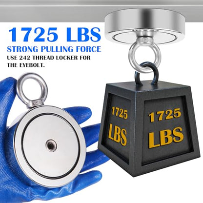 VNDUEEY 1725LBS Magnet Fishing Kit, 3.7" Double Hole Fishing Magnet Kit with Rope, Strong Magnets for Retrieving in River Lake Beach Lawn, Includes 65Ft Rope, Carabiner, Gloves, Grappling Hook, Case - size: 3.7" 1725LBS, style: Double Hole Kit with Case