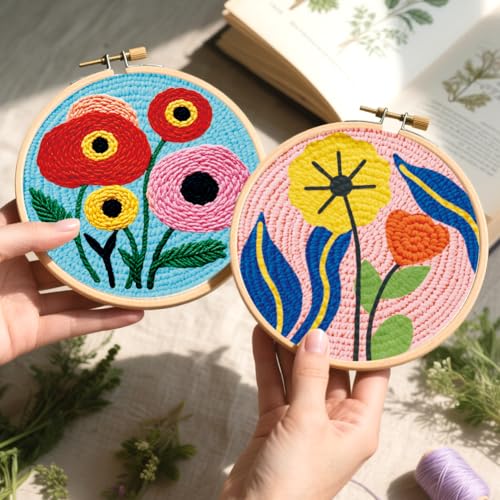 BEUNITONE 2PCS Bohemian Flower Punch Needle Kit for Adults Beginners - color: 06-Abstract Flower