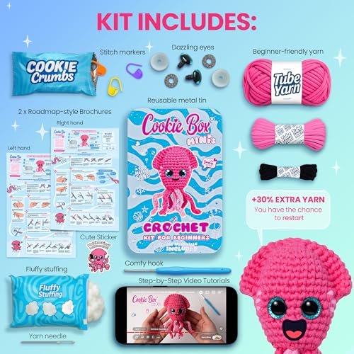 Cookie Box Crochet Kit for Beginners, Squid Inky - color: Hot Pink