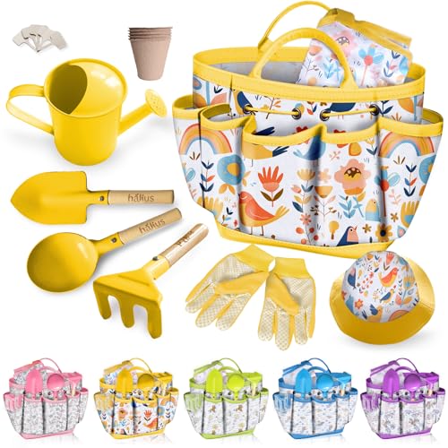 Kids Gardening Tool Set 18PCS Outdoor Toys Tote Bag Watering Can Yellow - color: Yellow
