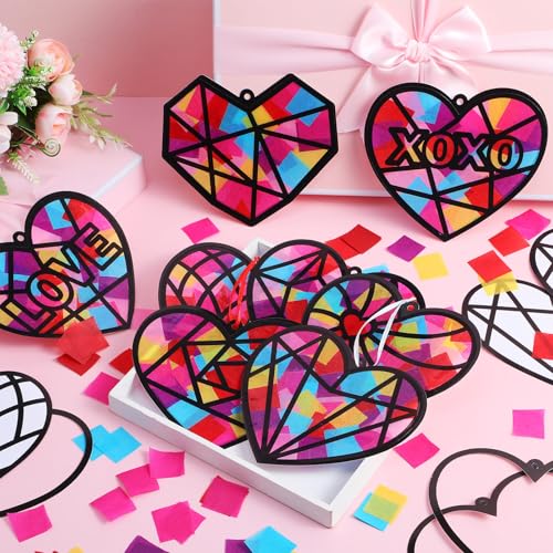 Tinlade 48 Set Valentine's Day Suncatchers Crafts Kit Valentines Heart DIY Window Stained Glass Tissue Paper Red Love Hanging Ornaments Make Your Own Suncatcher Summer Home School Classroom Activities - style: Valentines