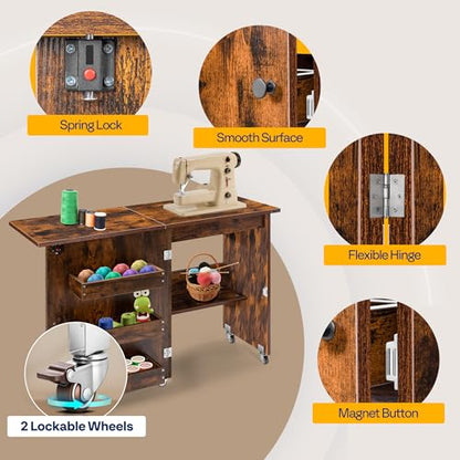 VIVOHOME Folding Sewing Table for Sewing Machine, Sewing Desk with Storage - color: Rustic Brown