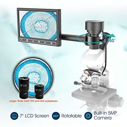 Lab Compound Monocular Microscopes with Constant Temperature,Dual-View Microscope for Adults Students with 40X-2500X Magnification, WF10X/25X Eyepiece, 7'' LCD Screen, Built in 5MP Camera