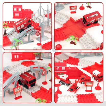 BEMITON Race Track Playset for Kids - Flexible DIY Car Track Toy, Educational Birthday Gift for Boys Ages 3 4 5 6 7, 330+ PCS Building Kit with Fire Trucks - color: Red Fire Station Race Track