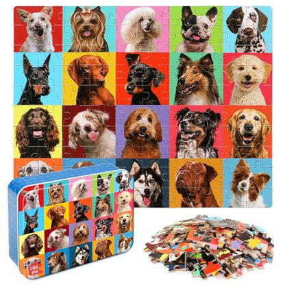 LELEMON Puzzles for Kids Ages 4-6,100 Piece Puzzles for Kids in Metal Box - color: Various Dog