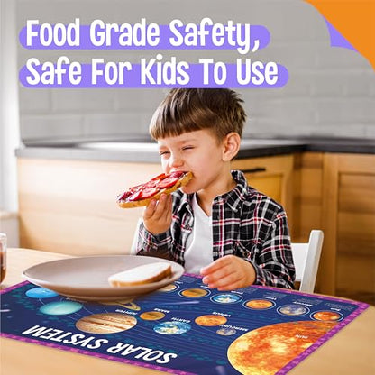 6 Pack Placemats for Kids, Non-Slip Washable, Reusable Universe, Periodic Table, US President, Human Body, Map of USA & World Educational Placemats for Home, Kindergarten, Classroom, Nursery - style: Education-A