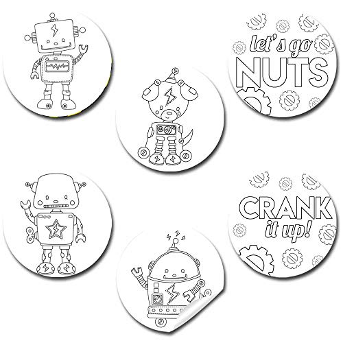 Amanda Creation Color Your Own Stickers for Kids, 90 Pack 1.5-Inch Robot Party Stickers, Color Your Own Sticker Sheets for Robot Party Crafts