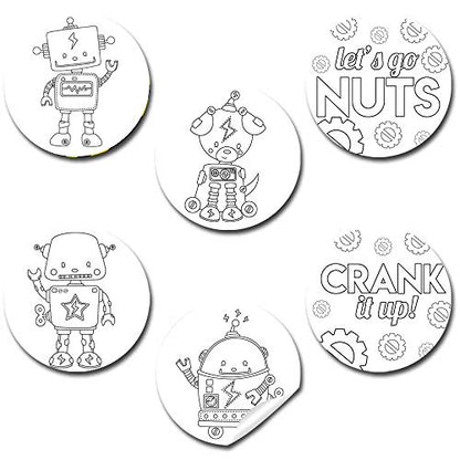 Amanda Creation Color Your Own Stickers for Kids, 90 Pack 1.5-Inch Robot Party Stickers, Color Your Own Sticker Sheets for Robot Party Crafts