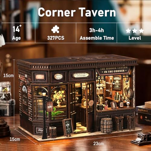 Book Nook Kit - DIY Miniature Dolls House Kit with Furniture and LED Light, 3D Puzzle Wooden Art Bookends, Model Kits for for Adults and Teens (Corner Tavern) - style: Corner Tavern