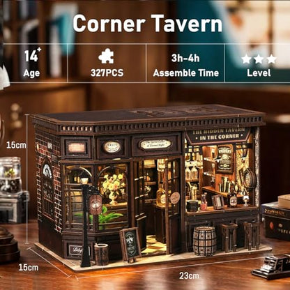 Book Nook Kit - DIY Miniature Dolls House Kit with Furniture and LED Light, 3D Puzzle Wooden Art Bookends, Model Kits for for Adults and Teens (Corner Tavern) - style: Corner Tavern