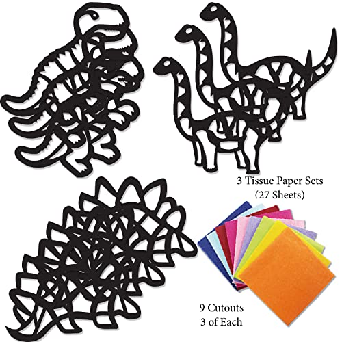 VHALE Suncatchers Craft 3 Sets (9 Cutouts) w Tissue Papers Stained Glass Effect Paper Sun Catcher Kit, Window Art, Classroom Crafts, Creative Art Projects, Kids Party Favors (Dinosaur) - style: Dinosaur