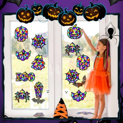 32 Sets Halloween Suncatchers Craft Kit DIY Window Stained Glass Effect Ghost Spider Skull Pumpkin Paper Crafts Home School Classroom Decoration Kid Birthday Gift Creative Art Project Activity Game - style: Halloween
