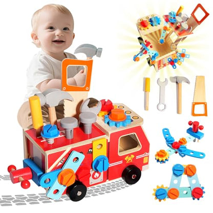 GAIETYDIY Toddler Kids Tool Set - Wooden Tools with Firetruck Shaped Box - color: Truck