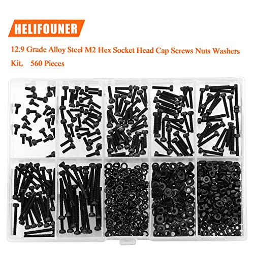 HELIFOUNER 560 Pieces M2 x 4mm /6mm /8mm /10mm /12mm /16mm /20mm, Hex Socket Head Cap Screws Bolts Washers Nuts Kit, 12.9 Grade Alloy Steel, Full Threaded, Black - size: M2, style: Socket Head
