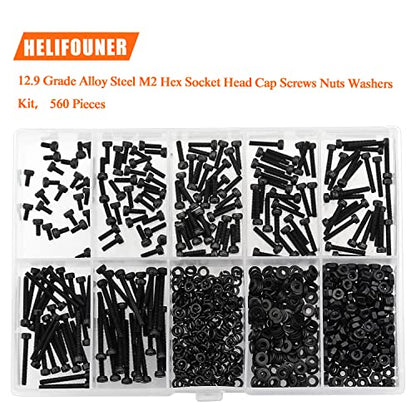 HELIFOUNER 560 Pieces M2 x 4mm /6mm /8mm /10mm /12mm /16mm /20mm, Hex Socket Head Cap Screws Bolts Washers Nuts Kit, 12.9 Grade Alloy Steel, Full Threaded, Black - size: M2, style: Socket Head